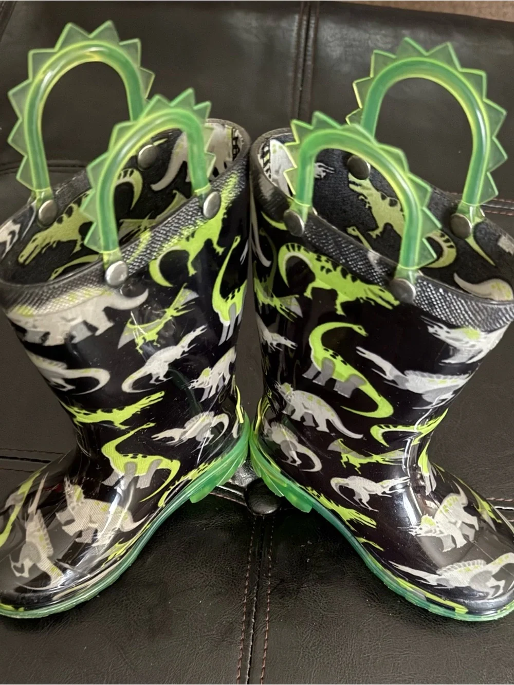 Western Chief Black and Neon Green Kids Dinosaur Rain Boots